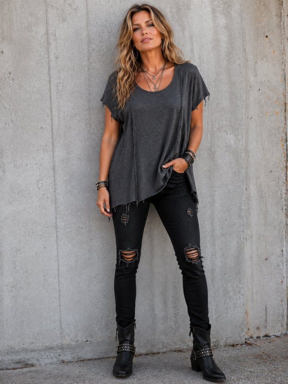 H by BORDEAUX Short Sleeve Scoop Neck Gray Raw All Hems Tee NWOT L